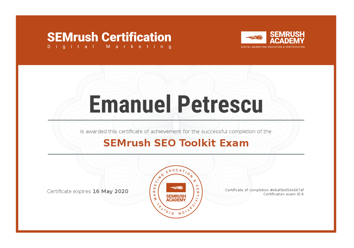 SEO certificate for Emanuel Petrescu