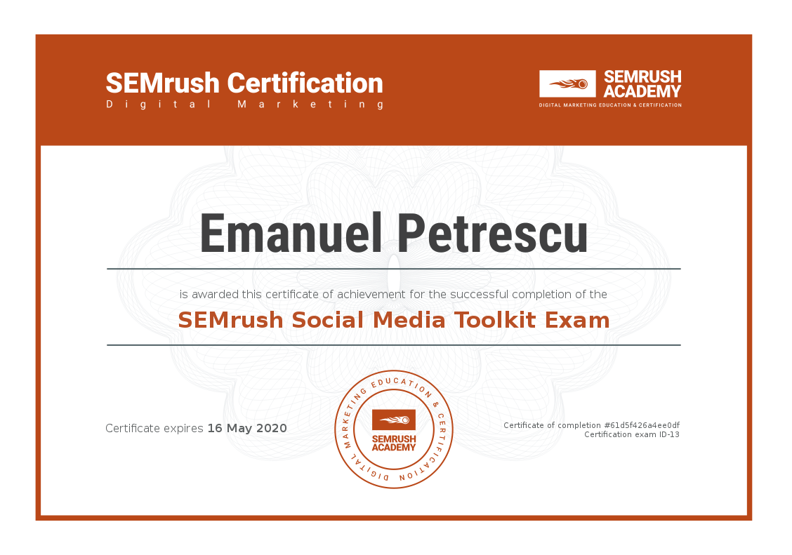 SEO certificate for Emanuel Petrescu