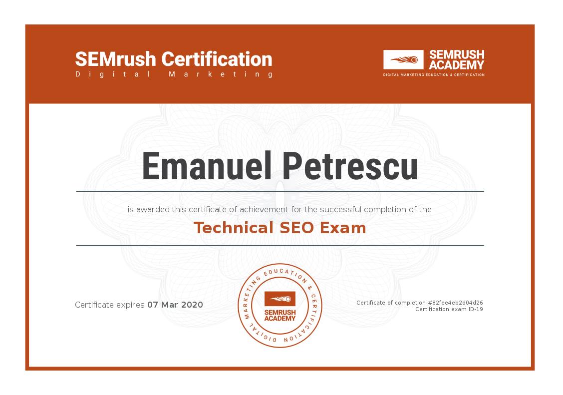 Semrush Technical SEO certification for Emanuel Petrescu