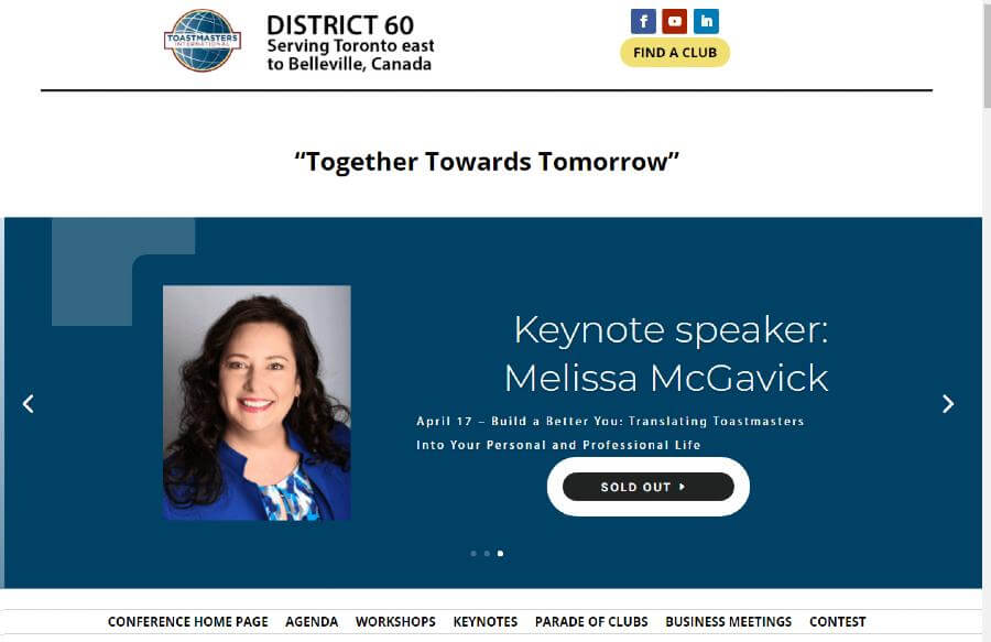 Image of the header slider with Melissa McGavick as a keynote speaker for District 60 Toastmasters 2021 Virtual Conference