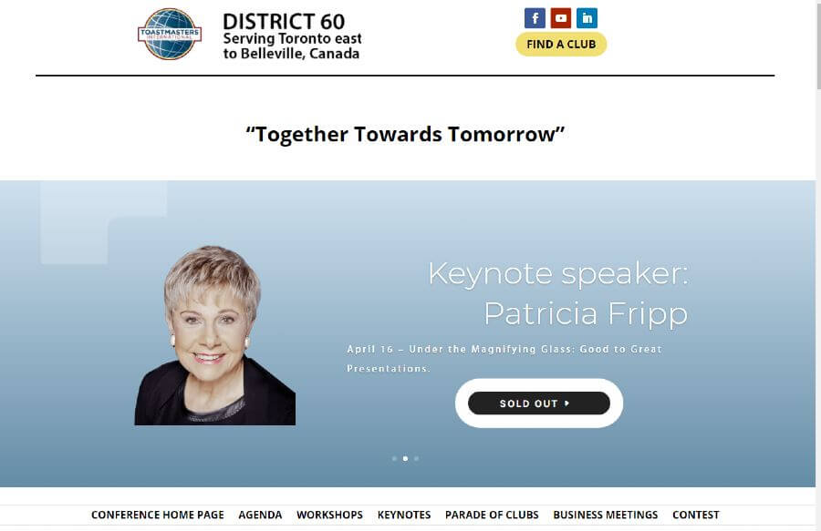 Image of the header slider with Patricia Fripp as a keynote speaker for District 60 Toastmasters 2021 Virtual Conference