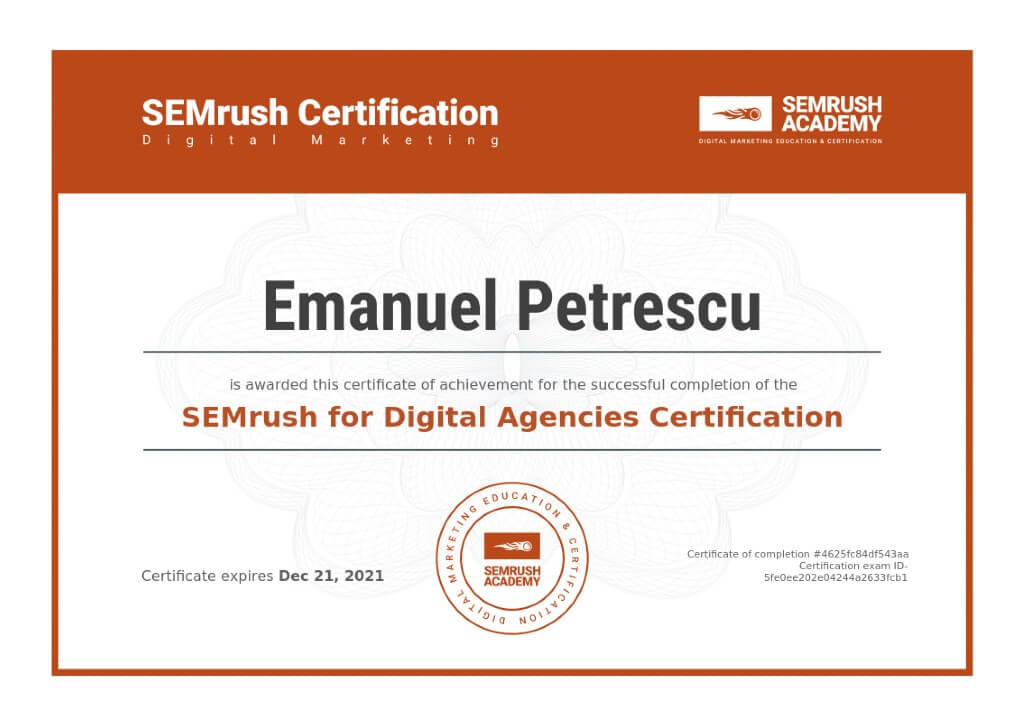 Semrush Academy certificate for Emanuel Petrescu