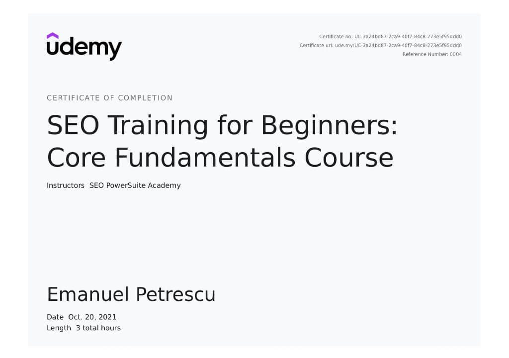 Udemy SEO PowerSuite Academy certificate for Emanuel Petrescu