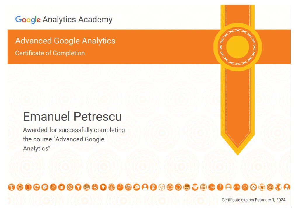 Advanced Google Analytics certificate for Emanuel Petrescu