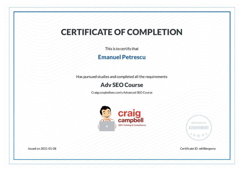 SEO certificate for Emanuel Petrescu