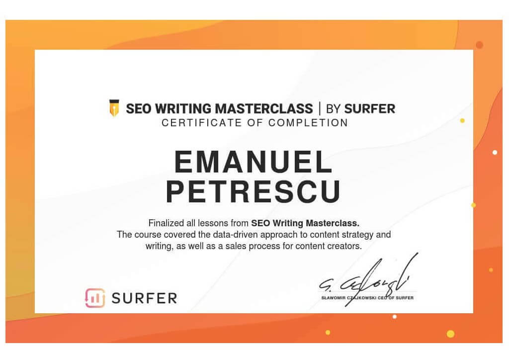 Surfer SEO writing masterclass certificate