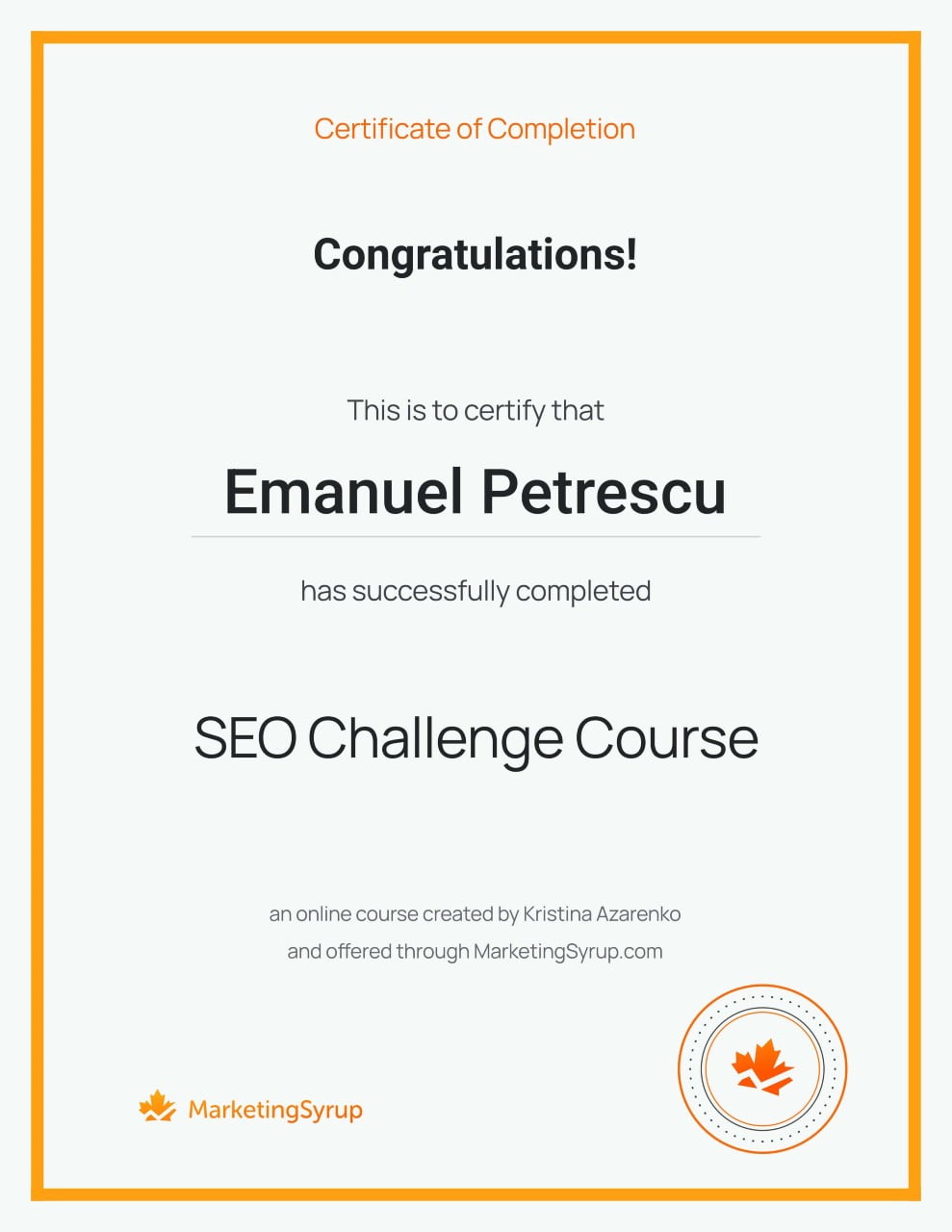 MarketingSyrup certificate for Emanuel Petrescu