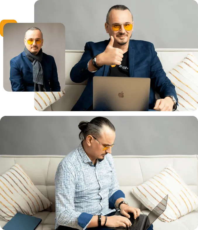 Three photographs of Emanuel Petrescu working, speaking, and consulting