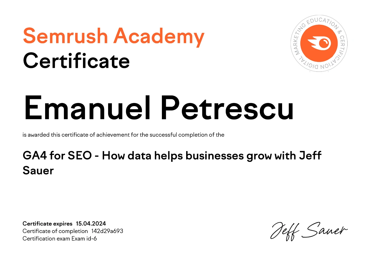 Google Analytics 4 certification for Emanuel Petrescu