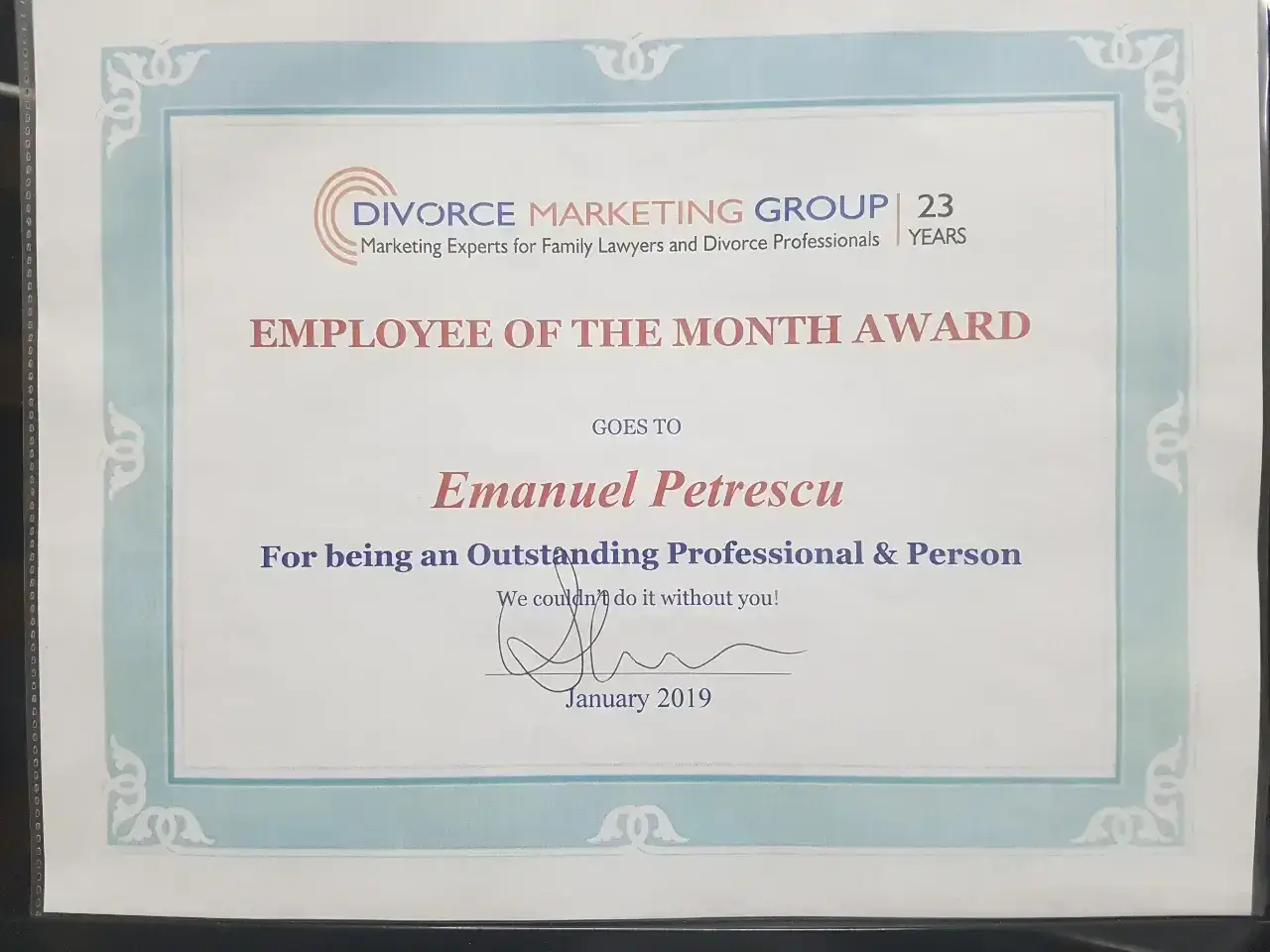 Employee of the Month recognition for Emanuel Petrescu