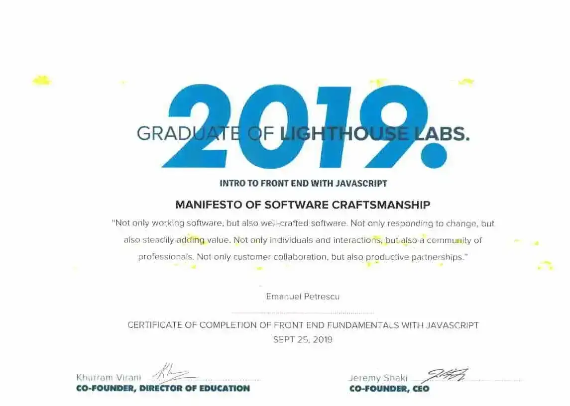 Lighthouse Labs JavaScript certificate for Emanuel Petrescu