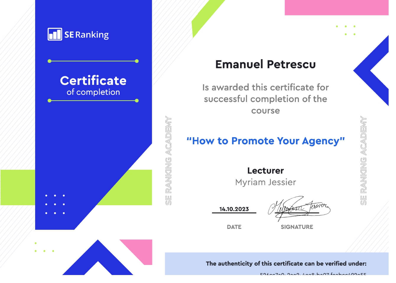 SE Ranking agency certification for Emanuel Petrescu