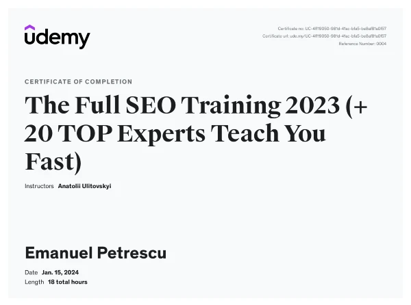 Full SEO training certificate for Emanuel Petrescu