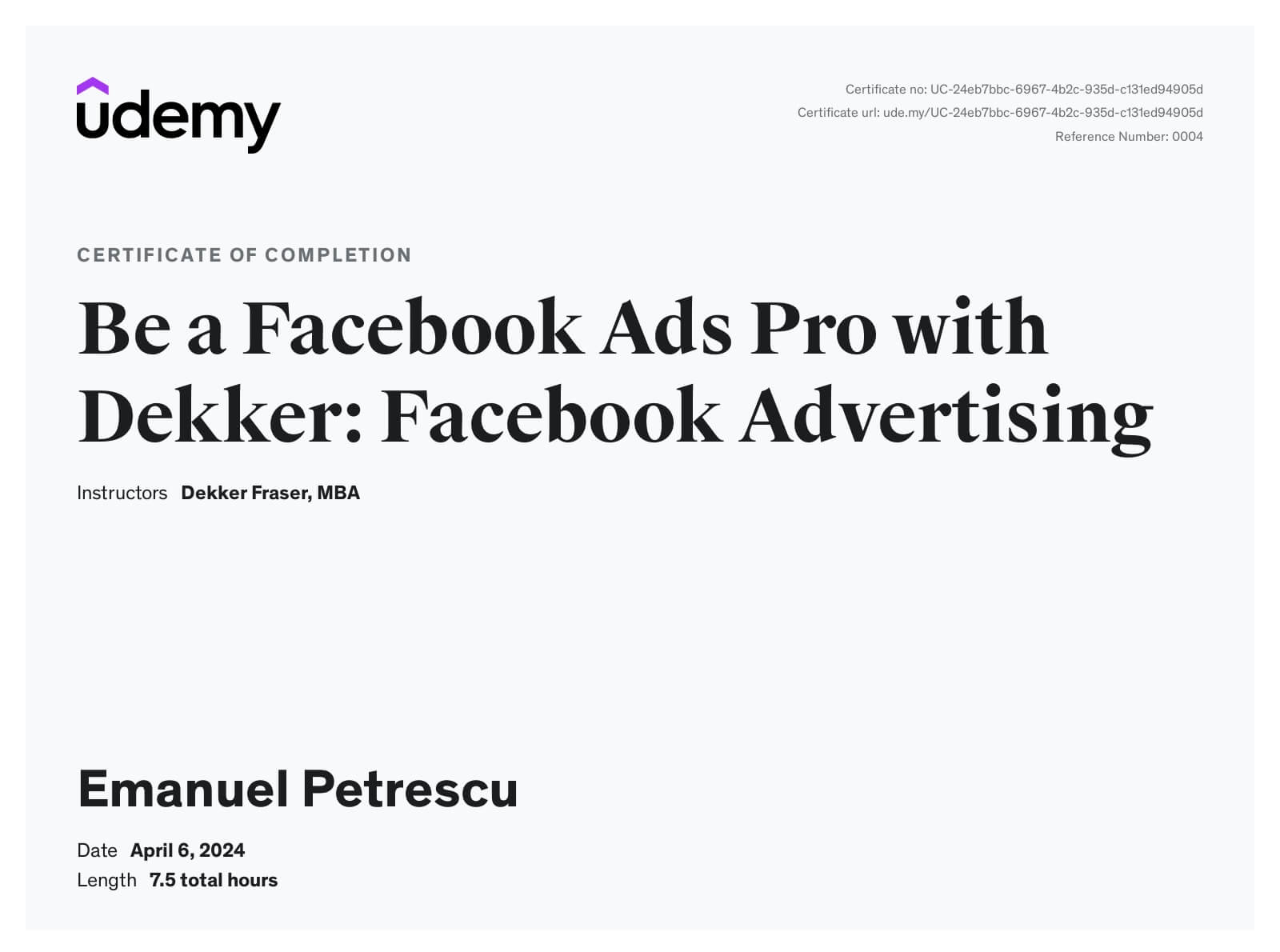 Facebook Ads Pro certificate for Emanuel Petrescu