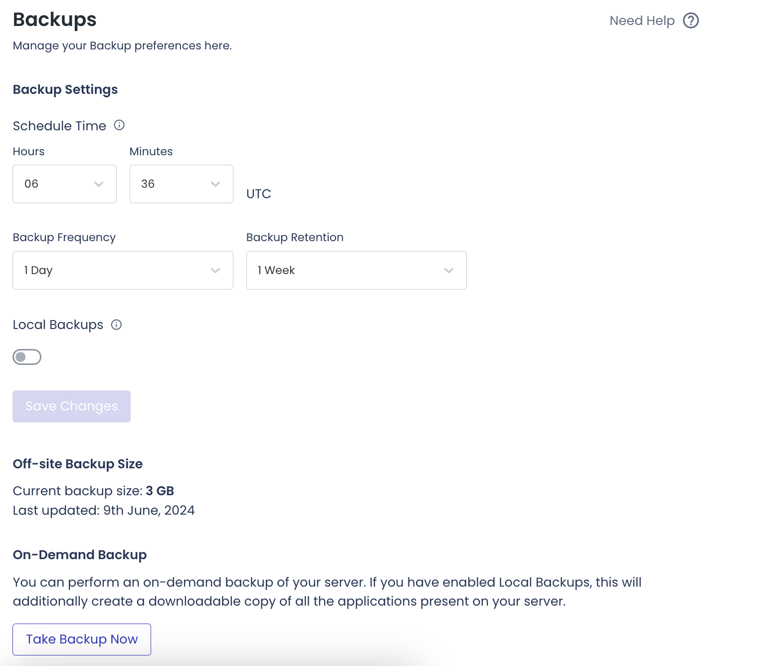 snapshop of Cloudways server backup preference