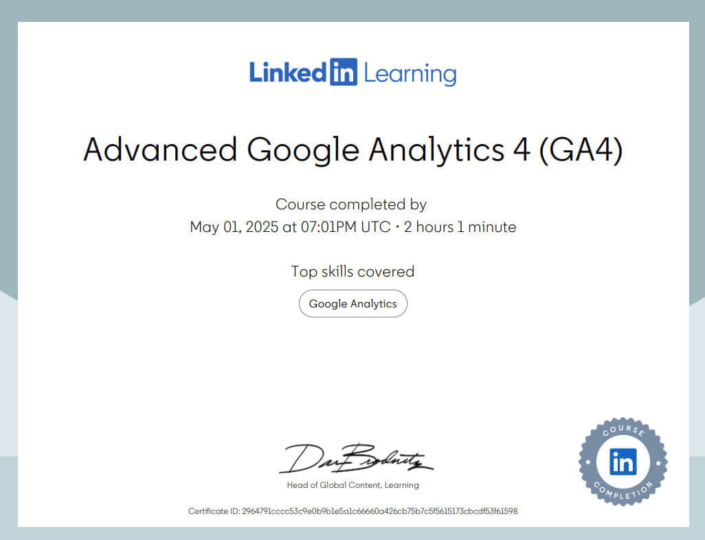 Advanced Google Analytics 4 certificate for Emanuel Petrescu
