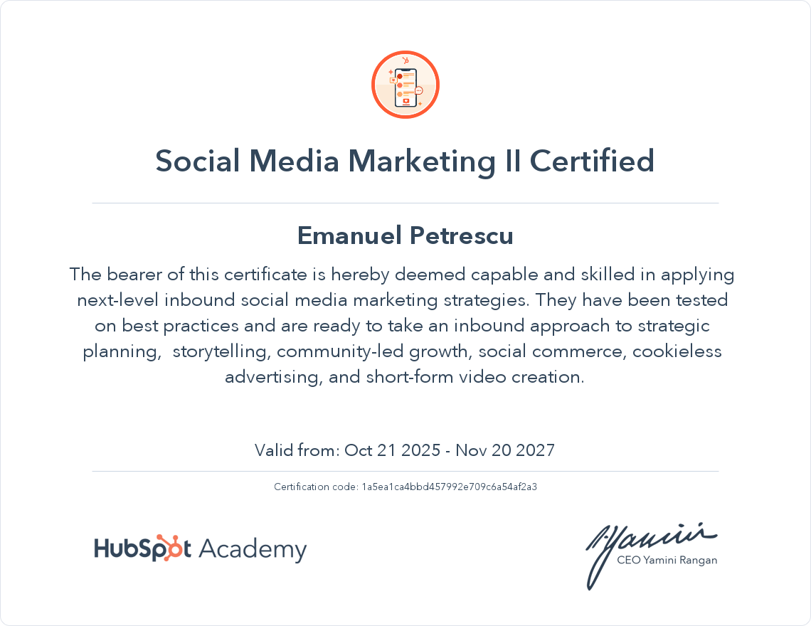 Advanced social media certification for Emanuel Petrescu