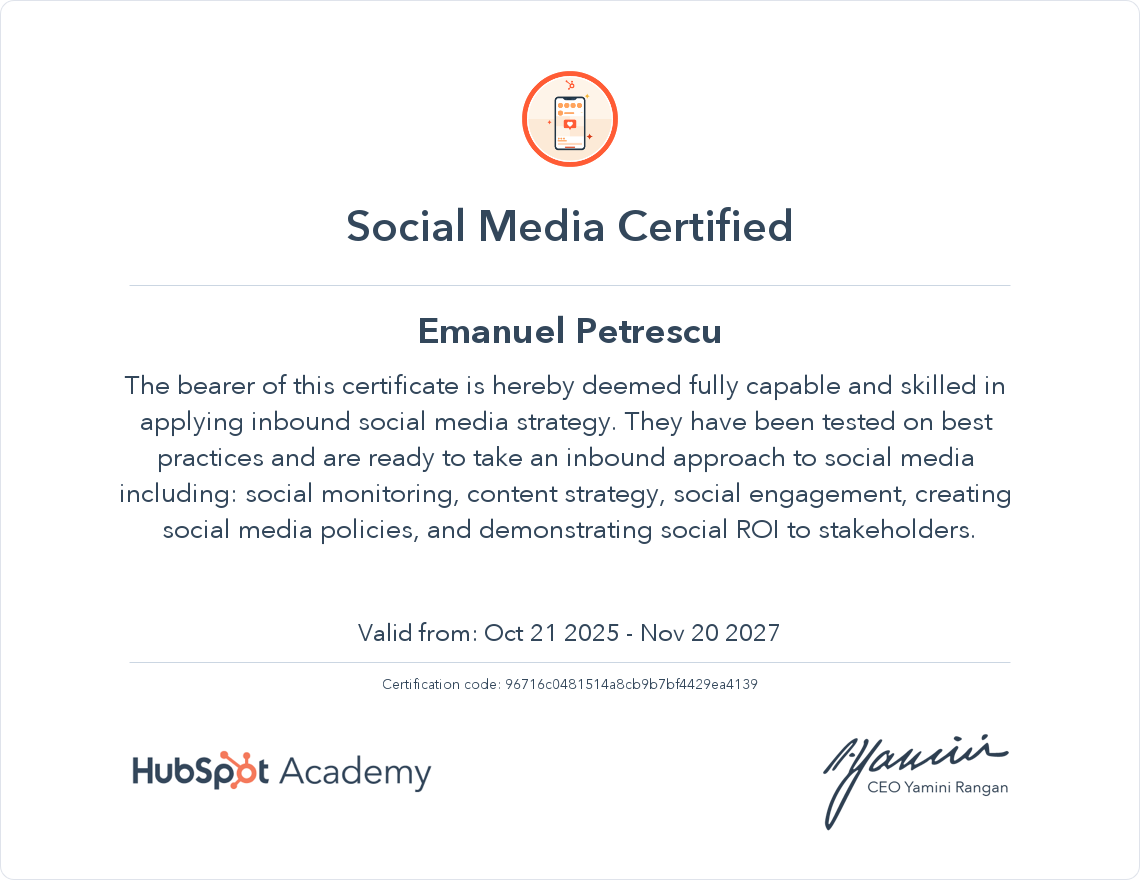 Social media marketing certification for Emanuel Petrescu