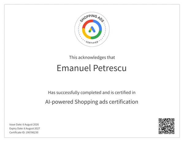 AI-powered Shopping ads certification awarded to Emanuel Petrescu