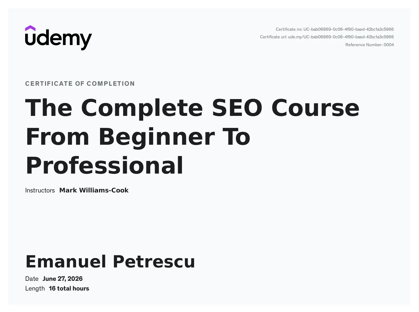 Udemy certificate awarded to Emanuel Petrescu for completing The Complete SEO Course From Beginner To Professional