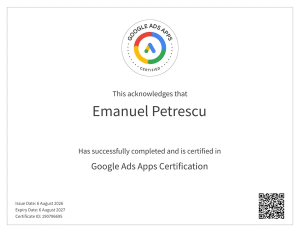 Google Ads Apps Certification awarded to Emanuel Petrescu