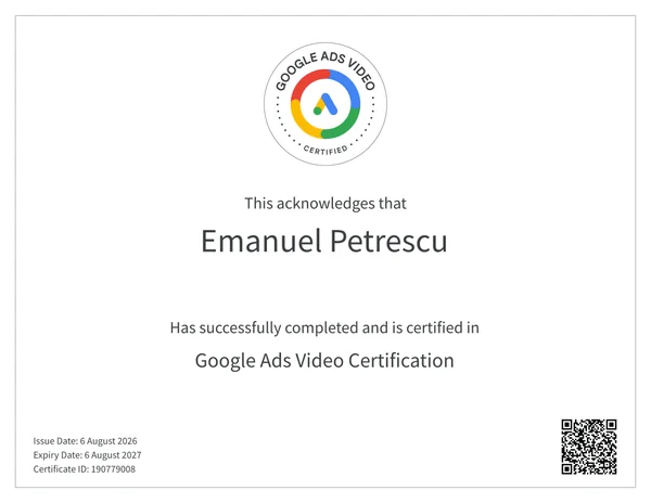 Google Ads Video Certification awarded to Emanuel Petrescu