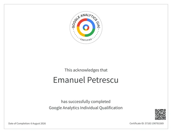 Google Analytics Individual Qualification certificate awarded to Emanuel Petrescu